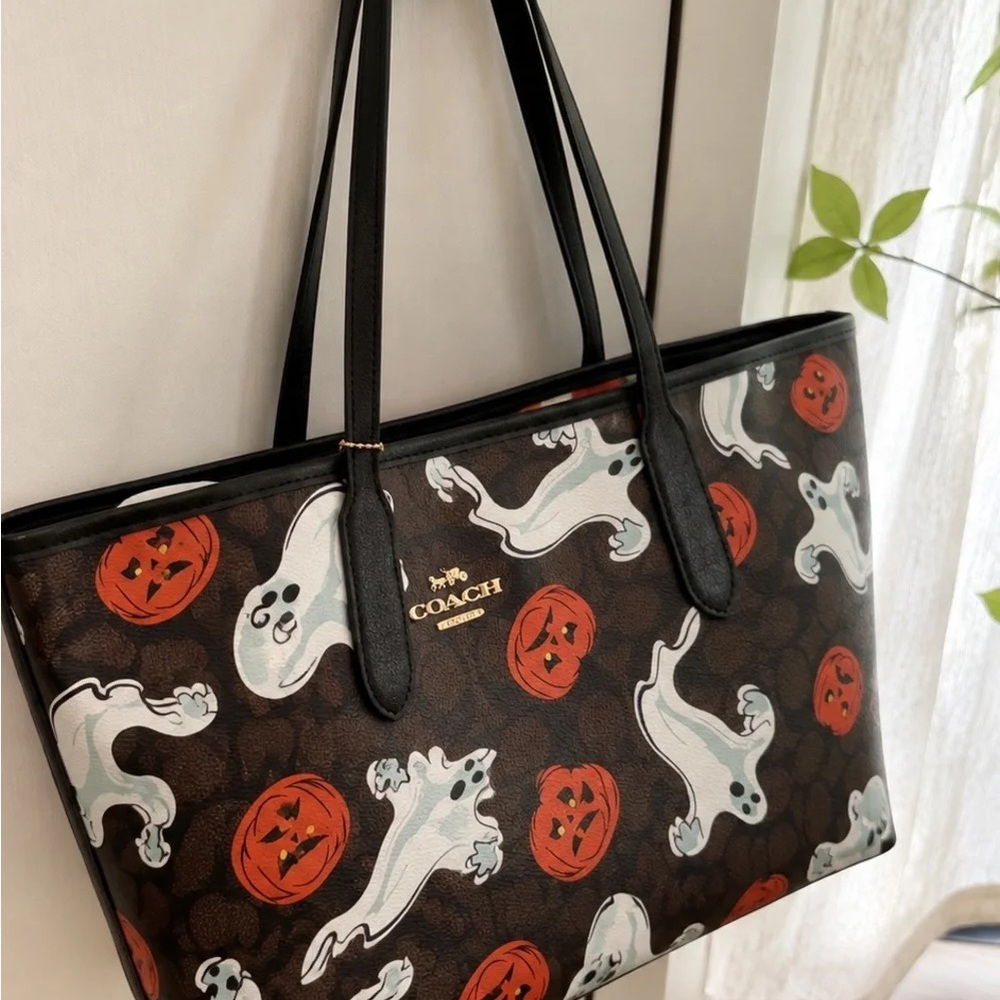 Coach Brown Signature Tote with Ghost & Pumpkin Print